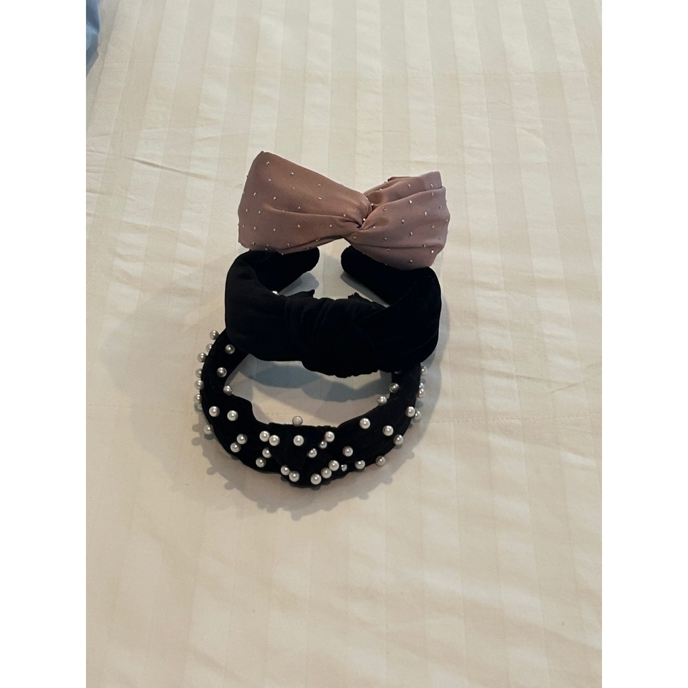 3 Piece Knotted Headband Set Black Pearl Velvet Pink Rhinestone Hair Accessories